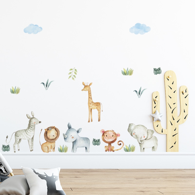 Watercolor Safari Cartoon Animals Jungle Wall Stickers for kids room Baby Nursery Room Decoration PVC wall Decals Living Room